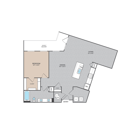 A floor plan of a residence with a bedroom, dining area, kitchen, and living room.